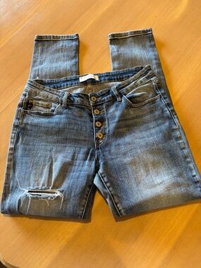 KanCan Women's Distressed Button-Fly Boyfriend Jeans - Medium Blue Wash